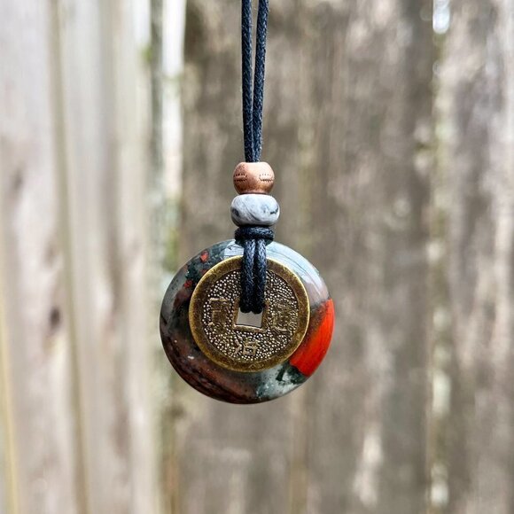 African Bloodstone & Lucky Coin Pendant Necklace | Handmade - Picture 3 of 6